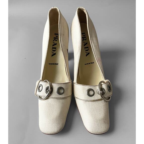 Vintage PRADA Y2K Linen Sculptured Heel Giant Grommet Buckle Size 35 Square Toe - Picture 4 of 7